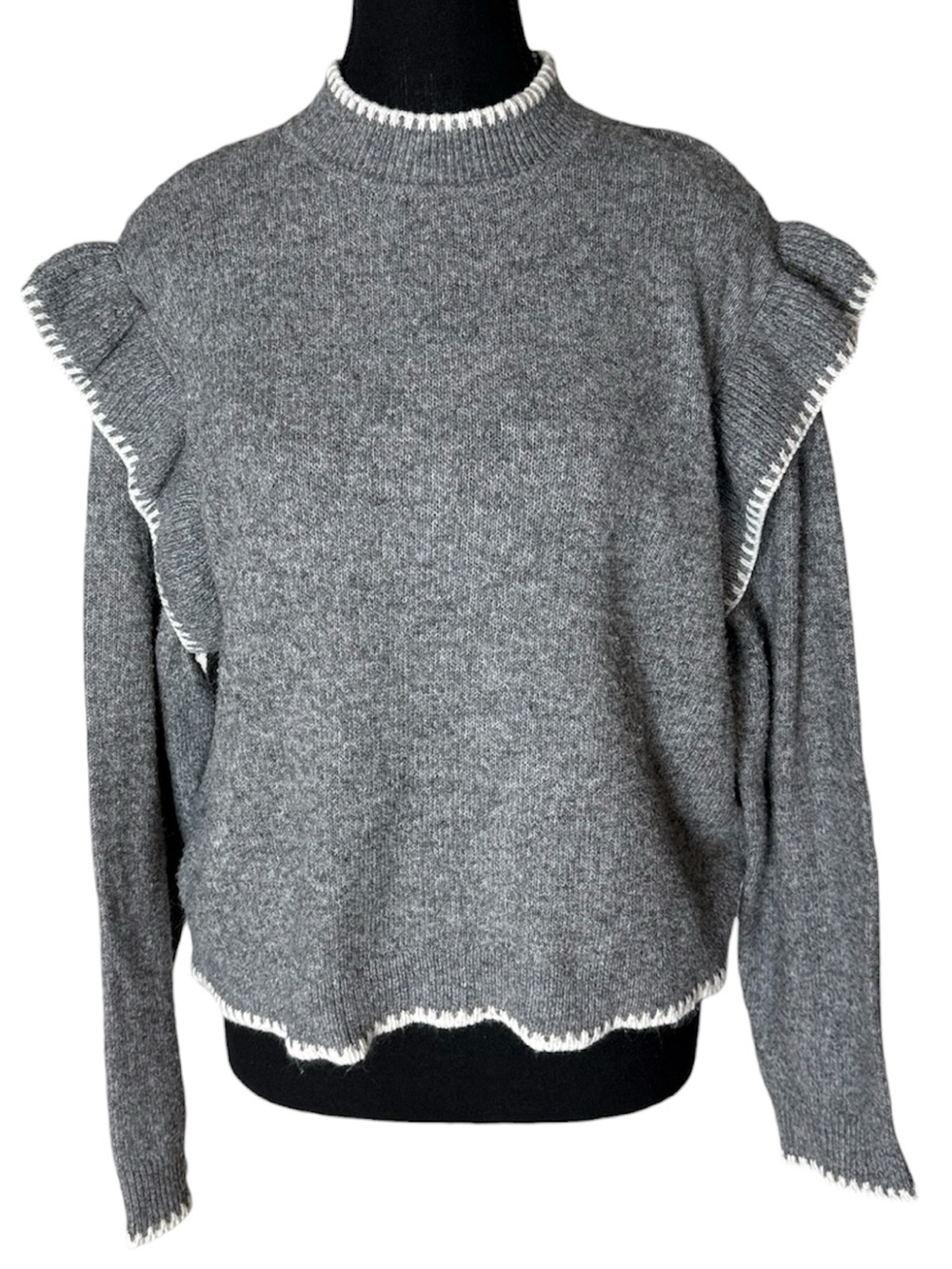 PIGALLE Grey Wool Blend Knit Sweater Shoulder Ruffle Flutter Panel Large *FLAW*